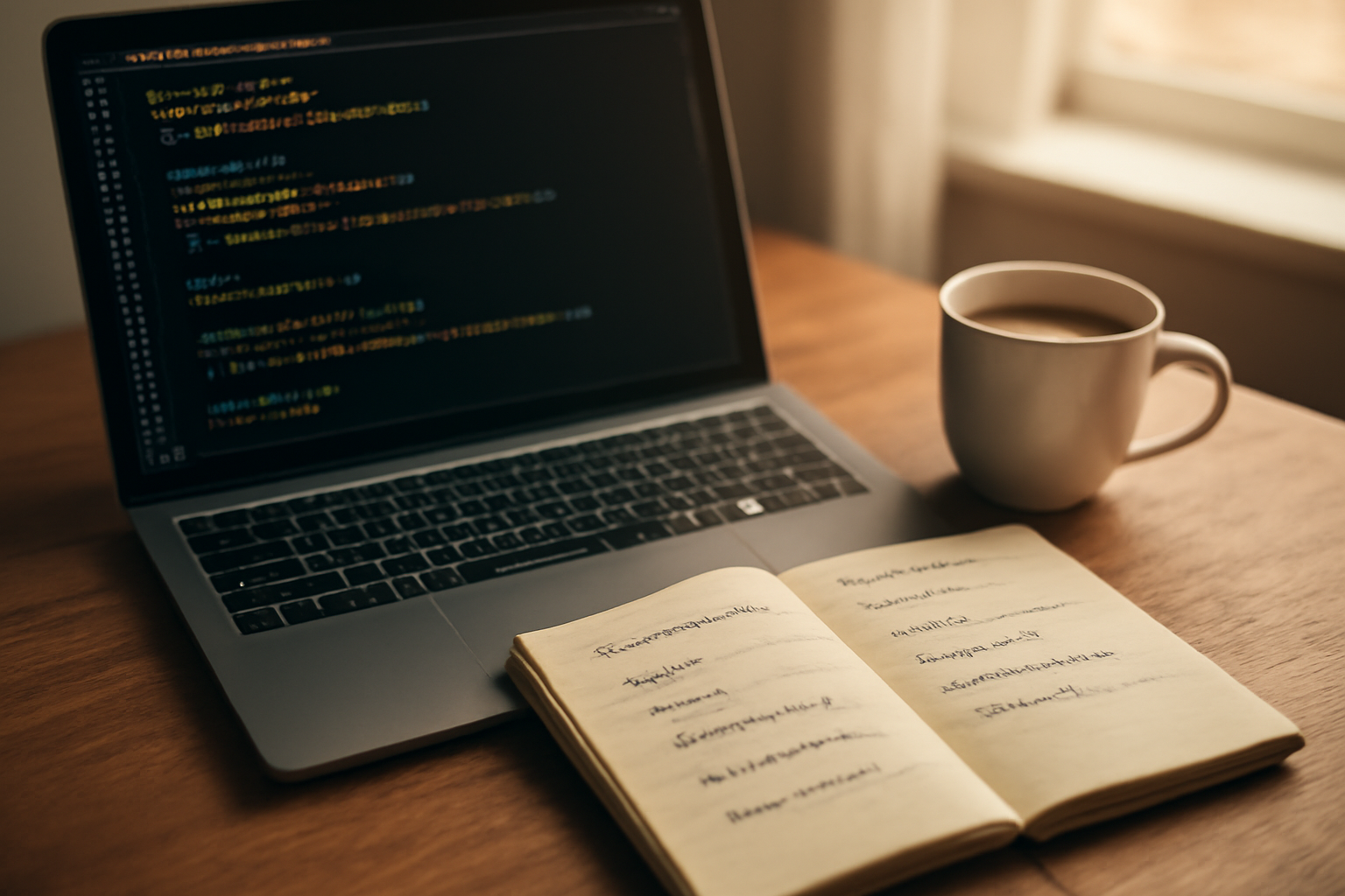Meja kerja pengembang dengan laptop berisi kode JavaScript dan catatan selector CSS