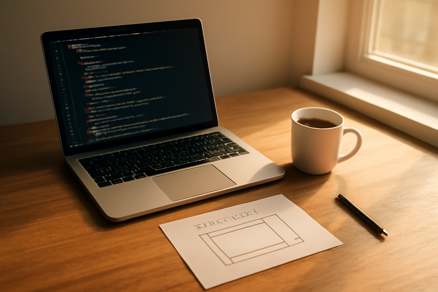 Meja kerja dengan laptop berisi kode animasi dan sketsa panel antarmuka di atas kertas