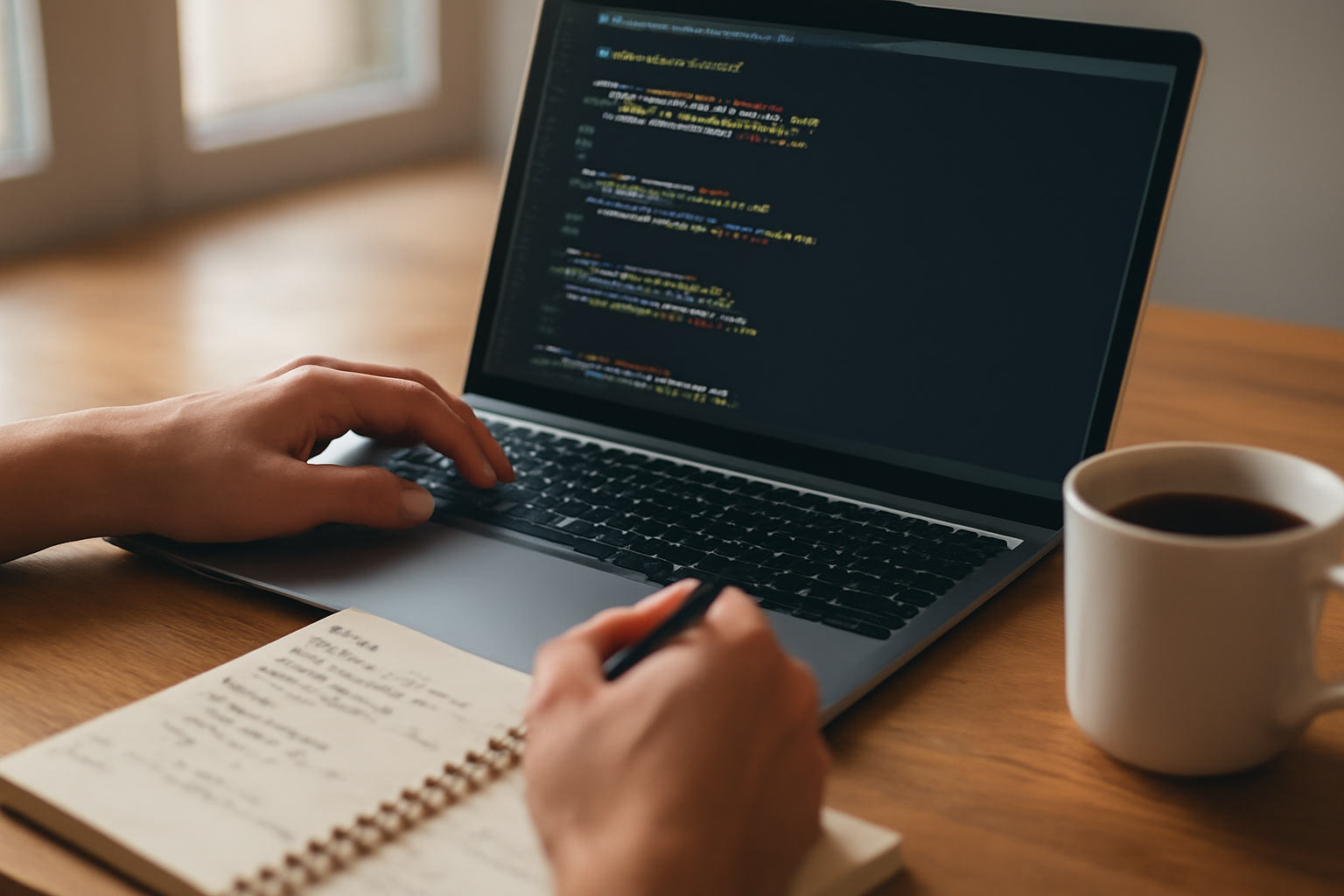 Pengembang menulis kode event jQuery di laptop dengan catatan di meja kayu.